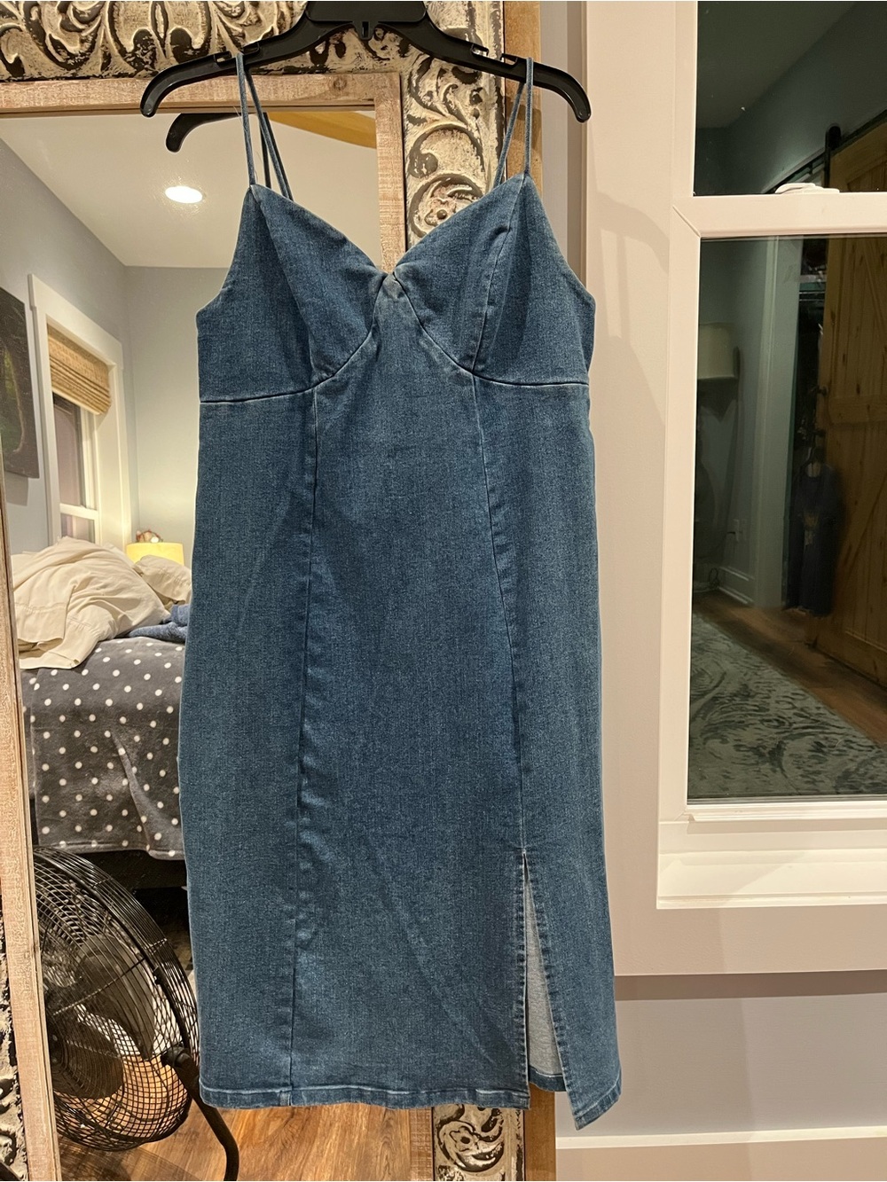 Denim Slip Midi Dress with Front Slit - Blue